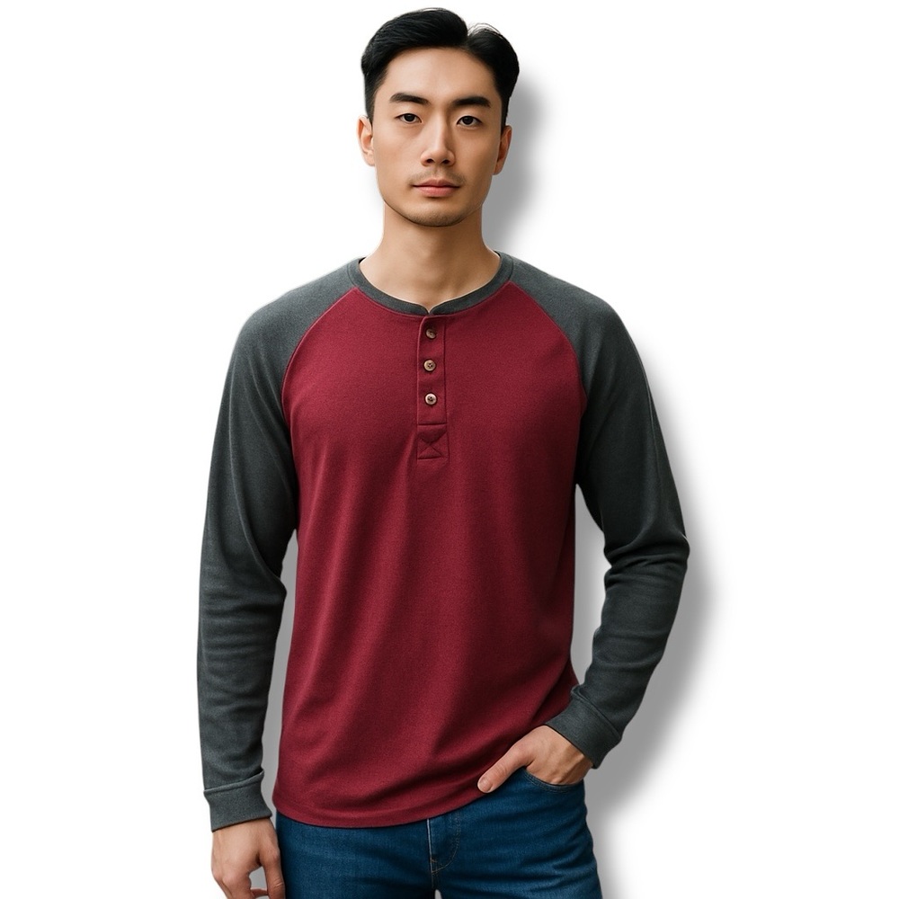 Hanes Beefy T Mens Long Sleeve Casual Henley Base Layer T-Shirt, Red/Gray XL